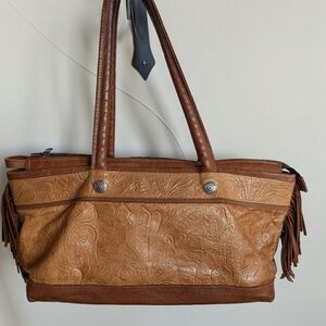 DB Goldsmith Rodeo Ready Gorgeous Handtooled Caramel Leather Handbag With Fringe